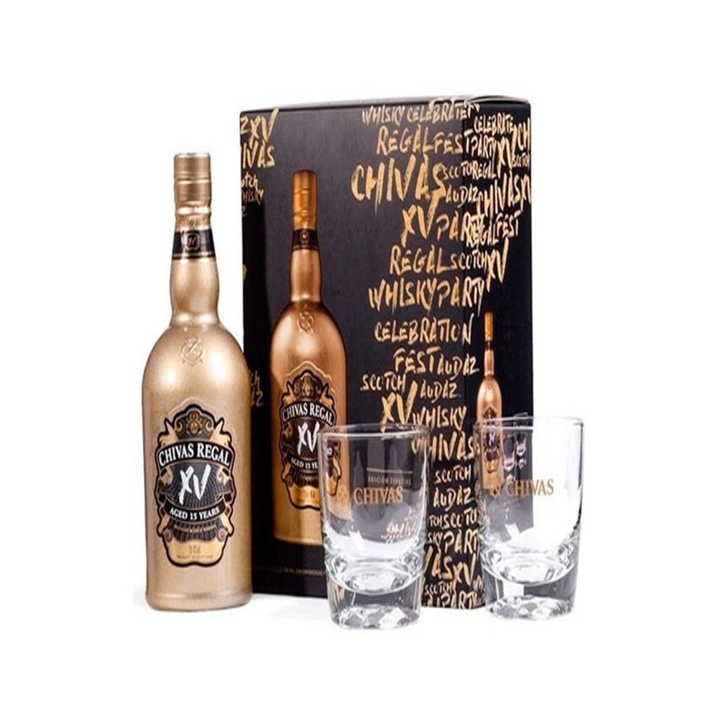 Estuche Chivas Xv Gold Con 2 Vasos 750cc